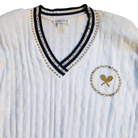 Vintage 60s 70s Preppy White Tennis Sweater M/L Retro V-Neck Embroidered Sequins - Picture 5 of 5